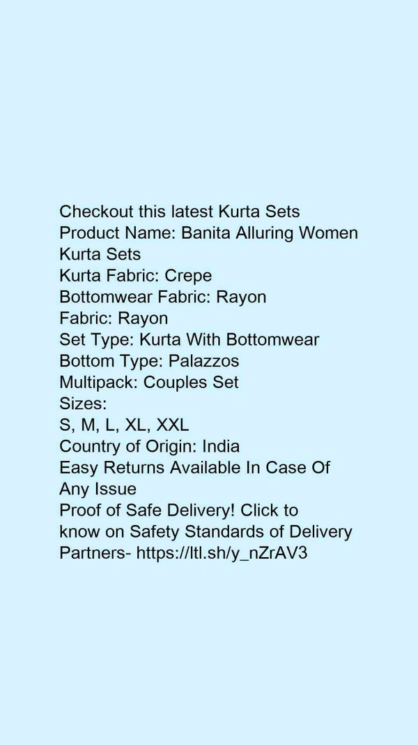 Product Name: *Banita Alluring Women Kurta Sets*Kurta Fabric: CrepeBottomwear Fabric: RayonFabric: RayonSet Type: Kurta With BottomwearBottom Type: PalazzosMultipack: Couples Set - colour- yellow, size- S