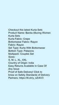 Product Name: *Banita Alluring Women Kurta Sets*Kurta Fabric: CrepeBottomwear Fabric: RayonFabric: RayonSet Type: Kurta With BottomwearBottom Type: PalazzosMultipack: Couples Set - colour- Black, size- XL