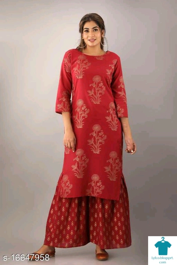 Women's Printed Cotton Blend Kurta Set with ShararaKurta Fabric: Cotton Blend
Bottomwear Fabric: Cotton Blend
Fabric: Cotton Blend
Sleeve Length: Three-Quarter Sleeves
Set Type: Kurta With Bottomwear
Bottom Type: Sharara
Pattern: Printed
Multipack: Single - size- M, colour- Dark red