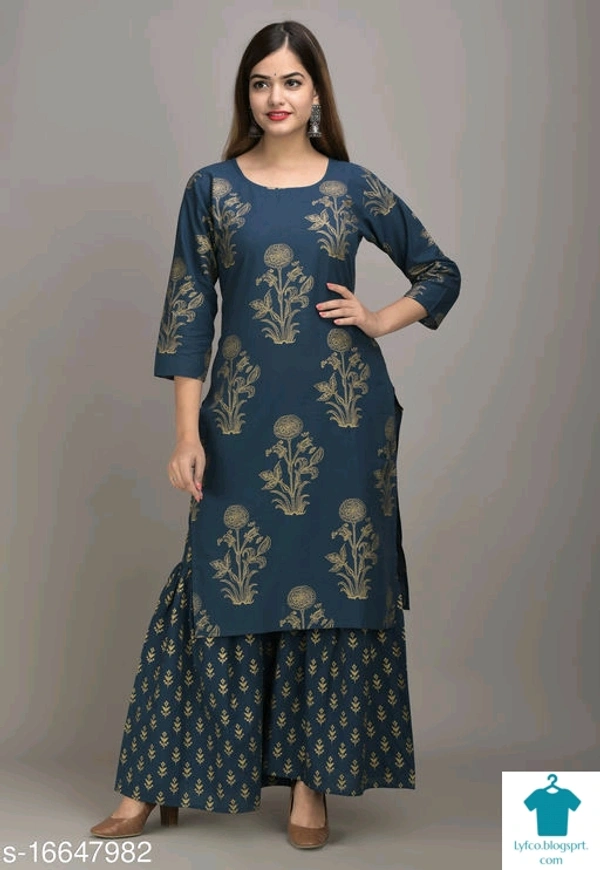 Women's Printed Cotton Blend Kurta Set with ShararaKurta Fabric: Cotton Blend
Bottomwear Fabric: Cotton Blend
Fabric: Cotton Blend
Sleeve Length: Three-Quarter Sleeves
Set Type: Kurta With Bottomwear
Bottom Type: Sharara
Pattern: Printed
Multipack: Single - Colour- Dark Red, Size- XXL