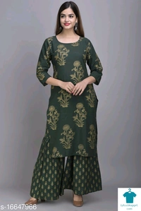 Women's Printed Cotton Blend Kurta Set with ShararaKurta Fabric: Cotton Blend
Bottomwear Fabric: Cotton Blend
Fabric: Cotton Blend
Sleeve Length: Three-Quarter Sleeves
Set Type: Kurta With Bottomwear
Bottom Type: Sharara
Pattern: Printed
Multipack: Single - Colour- Dark green, size- XL