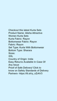 Product Name: *Alisha Attractive Women Kurta Sets*Kurta Fabric: RayonBottomwear Fabric: RayonFabric: RayonSet Type: Kurta With BottomwearBottom Type: Sharara - size- XXL