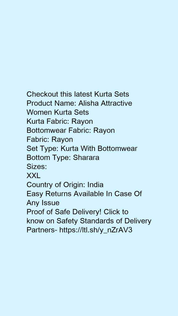 Product Name: *Alisha Attractive Women Kurta Sets*Kurta Fabric: RayonBottomwear Fabric: RayonFabric: RayonSet Type: Kurta With BottomwearBottom Type: Sharara - size- XXL