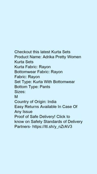 Product Name: *Adrika Pretty Women Kurta Sets*Kurta Fabric: RayonBottomwear Fabric: RayonFabric: RayonSet Type: Kurta With BottomwearBottom Type: Pants - size- M
