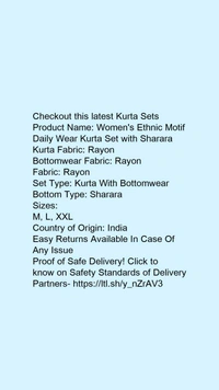 Product Name: *Women's Ethnic Motif Daily Wear Kurta Set with Sharara*Kurta Fabric: RayonBottomwear Fabric: RayonFabric: RayonSet Type: Kurta With BottomwearBottom Type: Sharara - size- M