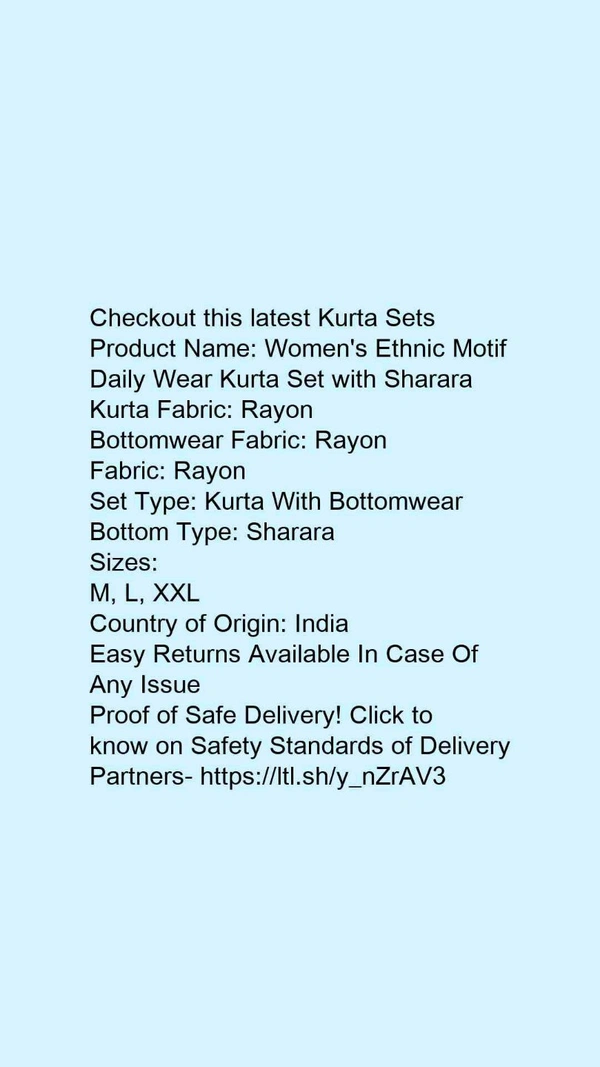 Product Name: *Women's Ethnic Motif Daily Wear Kurta Set with Sharara*Kurta Fabric: RayonBottomwear Fabric: RayonFabric: RayonSet Type: Kurta With BottomwearBottom Type: Sharara - size- M
