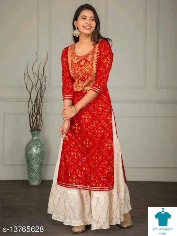Product Name: *Women's Ethnic Motif Daily Wear Kurta Set with Sharara*Kurta Fabric: RayonBottomwear Fabric: RayonFabric: RayonSet Type: Kurta With BottomwearBottom Type: Sharara - size- M