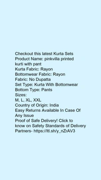 Product Name: *pinkvilla printed kurti with pant*Kurta Fabric: RayonBottomwear Fabric: RayonFabric: No DupattaSet Type: Kurta With BottomwearBottom Type: Pants - size- XXL