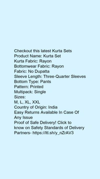 Product Name: *Kurta Set*Kurta Fabric: RayonBottomwear Fabric: RayonFabric: No DupattaSleeve Length: Three-Quarter SleevesBottom Type: PantsPattern: PrintedMultipack: Single - size- L