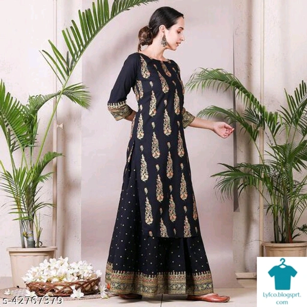 Product Name: *Aagam Fashionable Women Kurta Sets*Kurta Fabric: RayonBottomwear Fabric: RayonFabric: RayonSleeve Length: Three-Quarter SleevesSet Type: Kurta With BottomwearBottom Type: SkirtPattern: PrintedMultipack: Single - size- M
