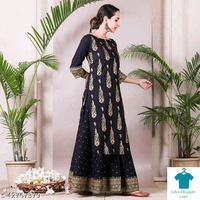 Product Name: *Aagam Fashionable Women Kurta Sets*Kurta Fabric: RayonBottomwear Fabric: RayonFabric: RayonSleeve Length: Three-Quarter SleevesSet Type: Kurta With BottomwearBottom Type: SkirtPattern: PrintedMultipack: Single - size- L