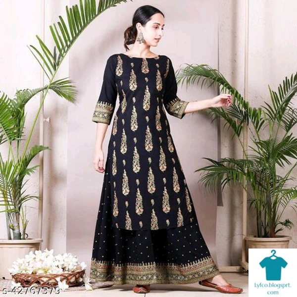 Product Name: *Aagam Fashionable Women Kurta Sets*Kurta Fabric: RayonBottomwear Fabric: RayonFabric: RayonSleeve Length: Three-Quarter SleevesSet Type: Kurta With BottomwearBottom Type: SkirtPattern: PrintedMultipack: Single - size- XXL