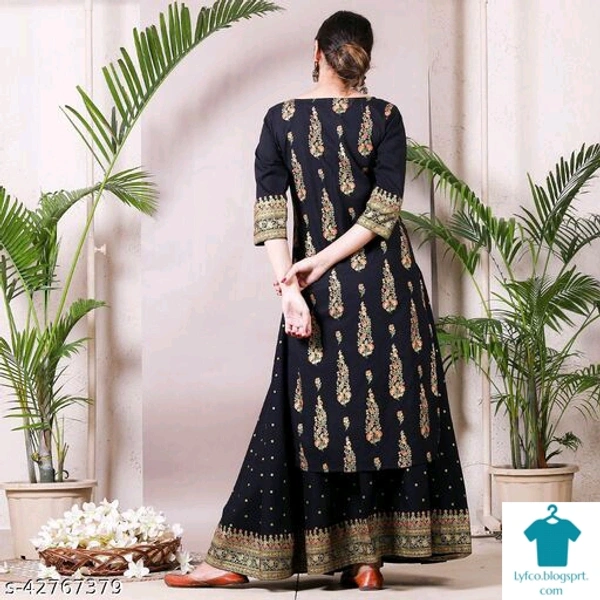 Product Name: *Aagam Fashionable Women Kurta Sets*Kurta Fabric: RayonBottomwear Fabric: RayonFabric: RayonSleeve Length: Three-Quarter SleevesSet Type: Kurta With BottomwearBottom Type: SkirtPattern: PrintedMultipack: Single - size- XXL