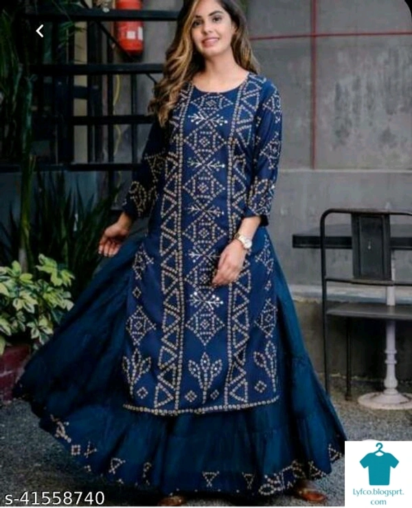 Product Name: *Kashvi Petite Women Kurta Sets*Kurta Fabric: RayonBottomwear Fabric: RayonFabric: No DupattaSleeve Length: Three-Quarter SleevesSet Type: Kurta With BottomwearBottom Type: SkirtPattern: PrintedMultipack: Single - size- S 