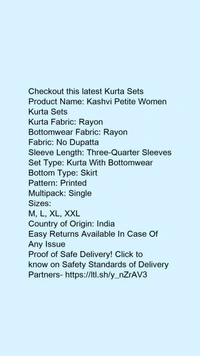 Product Name: *Kashvi Petite Women Kurta Sets*Kurta Fabric: RayonBottomwear Fabric: RayonFabric: No DupattaSleeve Length: Three-Quarter SleevesSet Type: Kurta With BottomwearBottom Type: SkirtPattern: PrintedMultipack: Single - size- S 