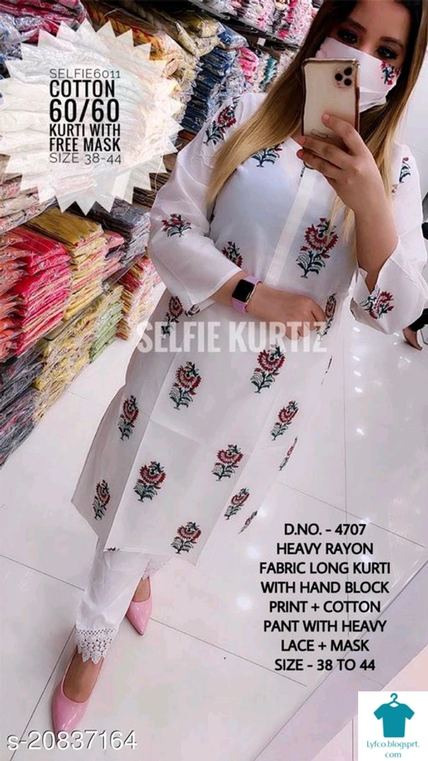 Product Name: *Kashvi Sensational Women Kurta Sets*Kurta Fabric: RayonBottomwear Fabric: RayonFabric: No DupattaSleeve Length: Three-Quarter SleevesSet Type: Kurta With BottomwearBottom Type: PantsPattern: PrintedMultipack: Single - size- M