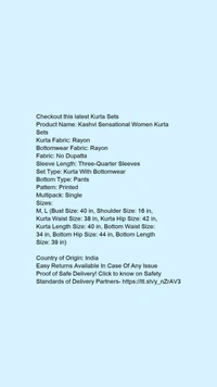 Product Name: *Kashvi Sensational Women Kurta Sets*Kurta Fabric: RayonBottomwear Fabric: RayonFabric: No DupattaSleeve Length: Three-Quarter SleevesSet Type: Kurta With BottomwearBottom Type: PantsPattern: PrintedMultipack: Single - size- L