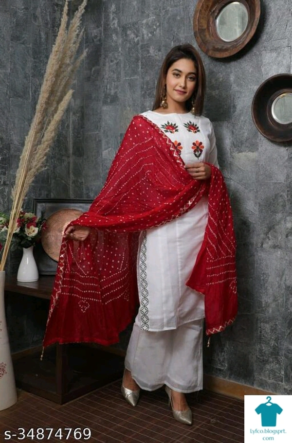 Product Name: *Wonmen Attractive Kurta with Plazo and Cotton Dupatta 222*Kurta Fabric: RayonBottomwear Fabric: RayonFabric: RayonSleeve Length: Three-Quarter SleevesSet Type: Kurta With Dupatta And BottomwearBottom Type: PalazzosPattern: SolidMultipack: Single - size- XL