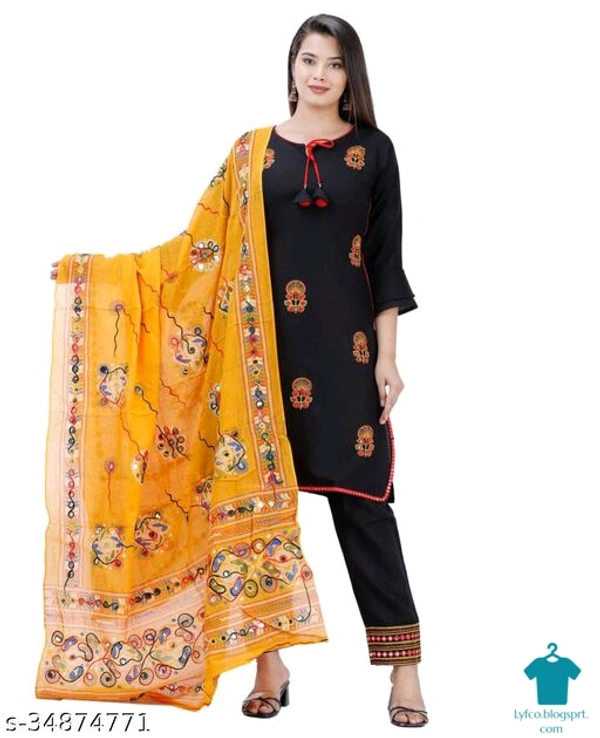 Product Name: *Wonmen Attractive Kurta with Pant and Cotton Dupatta 218*Kurta Fabric: RayonBottomwear Fabric: RayonFabric: RayonSleeve Length: Three-Quarter SleevesSet Type: Kurta With Dupatta And BottomwearBottom Type: PantsPattern: EmbroideredMultipack: Single - size- L