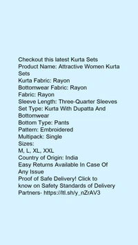 Product Name: *Attractive Women Kurta Sets*Kurta Fabric: RayonBottomwear Fabric: RayonFabric: RayonSleeve Length: Three-Quarter SleevesSet Type: Kurta With Dupatta And BottomwearBottom Type: PantsPattern: EmbroideredMultipack: Single - size- L