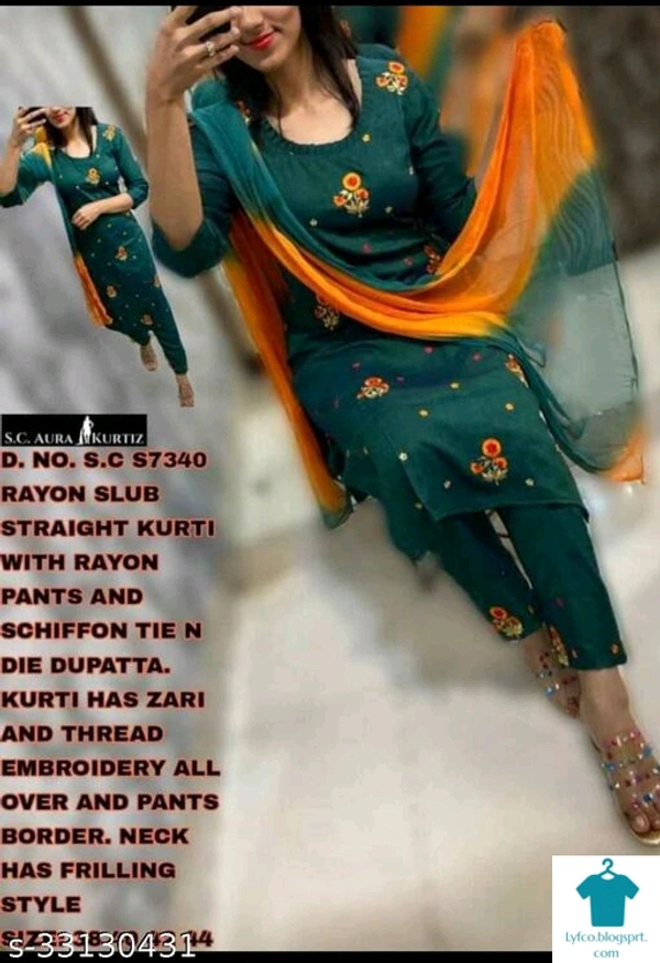 Product Name: *Attractive Women Kurta Sets*Kurta Fabric: RayonBottomwear Fabric: RayonFabric: RayonSleeve Length: Three-Quarter SleevesSet Type: Kurta With Dupatta And BottomwearBottom Type: PantsPattern: EmbroideredMultipack: Single - size- L