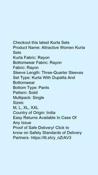 Product Name: *Attractive Women Kurta Sets*Kurta Fabric: RayonBottomwear Fabric: RayonFabric: RayonSleeve Length: Three-Quarter SleevesSet Type: Kurta With Dupatta And BottomwearBottom Type: PantsPattern: SolidMultipack: Single - size- M