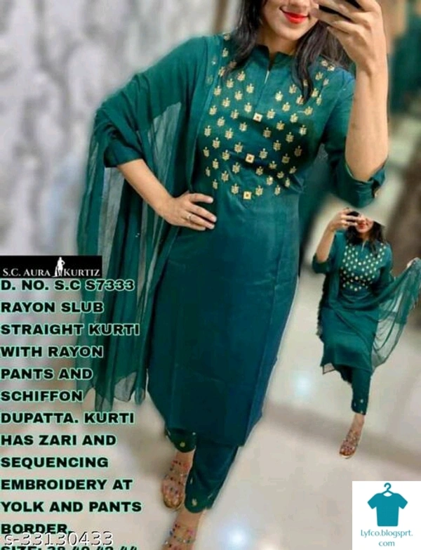 Product Name: *Attractive Women Kurta Sets*Kurta Fabric: RayonBottomwear Fabric: RayonFabric: RayonSleeve Length: Three-Quarter SleevesSet Type: Kurta With Dupatta And BottomwearBottom Type: PantsPattern: SolidMultipack: Single - size- XXL