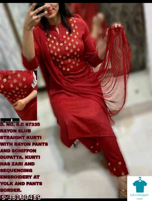 Product Name: *Attractive Women Kurta Sets*Kurta Fabric: RayonBottomwear Fabric: RayonFabric: RayonSleeve Length: Three-Quarter SleevesSet Type: Kurta With Dupatta And BottomwearBottom Type: PantsPattern: SolidMultipack: Single - size- XXL
