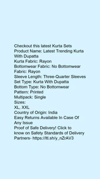 Product Name: *Latest Trending Kurta With Dupatta*Kurta Fabric: RayonBottomwear Fabric: No BottomwearFabric: RayonSleeve Length: Three-Quarter SleevesSet Type: Kurta With DupattaBottom Type: No BottomwearPattern: PrintedMultipack: Single - size- XXL