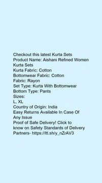 Product Name: *Aishani Refined Women Kurta Sets*Kurta Fabric: CottonBottomwear Fabric: CottonFabric: RayonSet Type: Kurta With BottomwearBottom Type: Pants - size- L