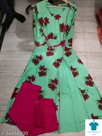Product Name: *Alisha Graceful Women Kurta Sets*Kurta Fabric: RayonBottomwear Fabric: RayonFabric: No DupattaSleeve Length: Three-Quarter SleevesSet Type: Kurta With BottomwearBottom Type: PantsPattern: PrintedMultipack: Single - size- L