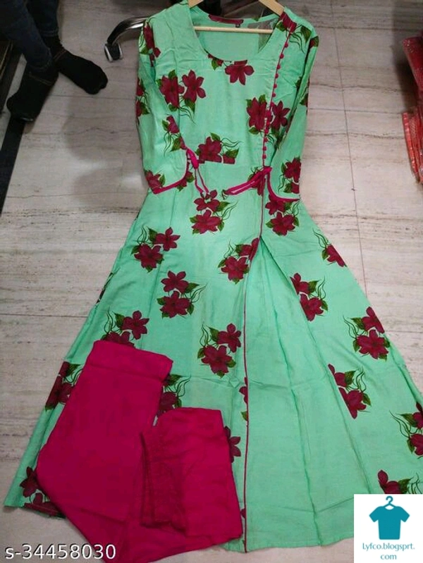 Product Name: *Alisha Graceful Women Kurta Sets*Kurta Fabric: RayonBottomwear Fabric: RayonFabric: No DupattaSleeve Length: Three-Quarter SleevesSet Type: Kurta With BottomwearBottom Type: PantsPattern: PrintedMultipack: Single - size- L
