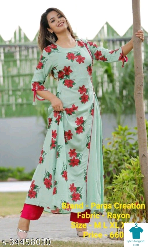 Product Name: *Alisha Graceful Women Kurta Sets*Kurta Fabric: RayonBottomwear Fabric: RayonFabric: No DupattaSleeve Length: Three-Quarter SleevesSet Type: Kurta With BottomwearBottom Type: PantsPattern: PrintedMultipack: Single - size- L