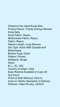 Product Name: *Trendy Drishya Women Kurta Sets*Kurta Fabric: RayonBottomwear Fabric: RayonFabric: RayonSleeve Length: Long SleevesSet Type: Kurta With Dupatta And BottomwearBottom Type: PantsPattern: PrintedMultipack: Single - size- M
