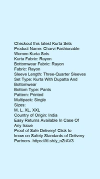 Product Name: *Charvi Fashionable Women Kurta Sets*Kurta Fabric: RayonBottomwear Fabric: RayonFabric: RayonSleeve Length: Three-Quarter SleevesSet Type: Kurta With Dupatta And BottomwearBottom Type: PantsPattern: PrintedMultipack: Single - size- M