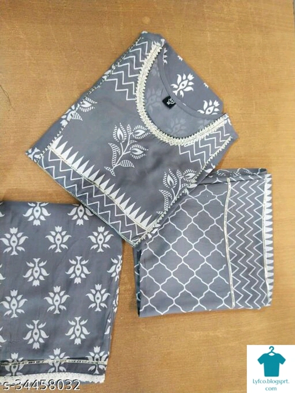 Product Name: *Charvi Fashionable Women Kurta Sets*Kurta Fabric: RayonBottomwear Fabric: RayonFabric: RayonSleeve Length: Three-Quarter SleevesSet Type: Kurta With Dupatta And BottomwearBottom Type: PantsPattern: PrintedMultipack: Single - size- XXL