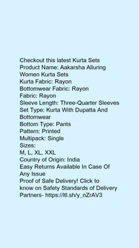 Product Name: *Aakarsha Alluring Women Kurta Sets*Kurta Fabric: RayonBottomwear Fabric: RayonFabric: RayonSleeve Length: Three-Quarter SleevesSet Type: Kurta With Dupatta And BottomwearBottom Type: PantsPattern: PrintedMultipack: Single - size- M