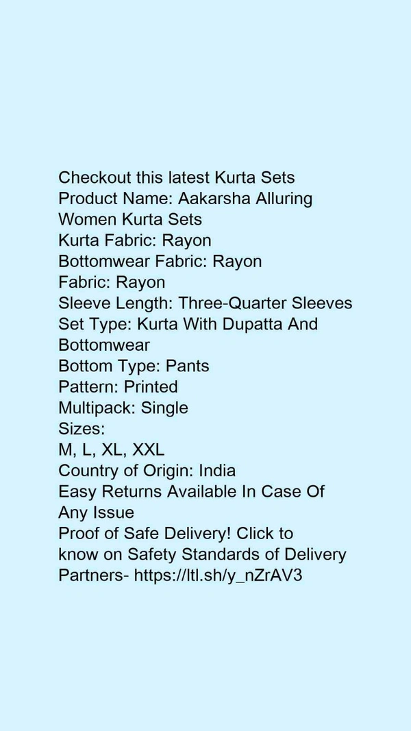 Product Name: *Aakarsha Alluring Women Kurta Sets*Kurta Fabric: RayonBottomwear Fabric: RayonFabric: RayonSleeve Length: Three-Quarter SleevesSet Type: Kurta With Dupatta And BottomwearBottom Type: PantsPattern: PrintedMultipack: Single - size- M