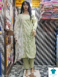 Product Name: *Aakarsha Voguish Women Kurta Sets*Kurta Fabric: Chanderi CottonBottomwear Fabric: Chanderi CottonFabric: NetSleeve Length: Three-Quarter SleevesSet Type: Kurta With Dupatta And BottomwearBottom Type: PantsPattern: EmbroideredMultipack: Single - size- M