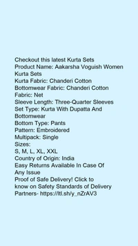 Product Name: *Aakarsha Voguish Women Kurta Sets*Kurta Fabric: Chanderi CottonBottomwear Fabric: Chanderi CottonFabric: NetSleeve Length: Three-Quarter SleevesSet Type: Kurta With Dupatta And BottomwearBottom Type: PantsPattern: EmbroideredMultipack: Single - size- L