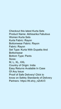 Product Name: *Abhisarika Fabulous Women Kurta Sets*Kurta Fabric: RayonBottomwear Fabric: RayonFabric: RayonSet Type: Kurta With Dupatta And BottomwearBottom Type: Pants - size- M