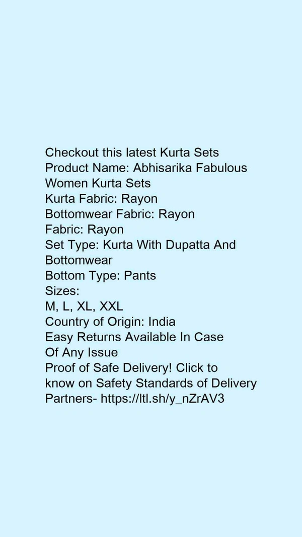 Product Name: *Abhisarika Fabulous Women Kurta Sets*Kurta Fabric: RayonBottomwear Fabric: RayonFabric: RayonSet Type: Kurta With Dupatta And BottomwearBottom Type: Pants - size- M