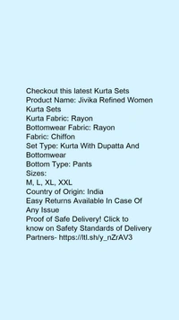 Product Name: *Jivika Refined Women Kurta Sets*Kurta Fabric: RayonBottomwear Fabric: RayonFabric: ChiffonSet Type: Kurta With Dupatta And BottomwearBottom Type: Pants - size- L