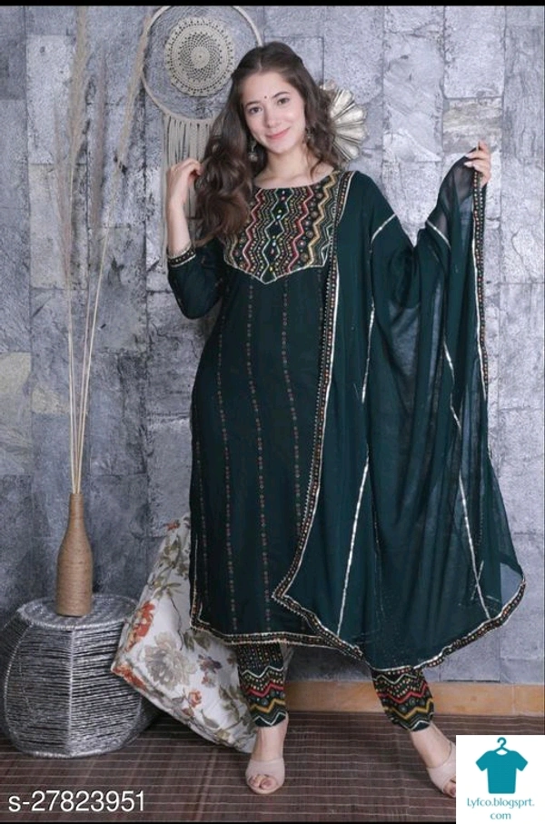 Product Name: *Jivika Refined Women Kurta Sets*Kurta Fabric: RayonBottomwear Fabric: RayonFabric: ChiffonSet Type: Kurta With Dupatta And BottomwearBottom Type: Pants - size- L