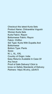 Product Name: *Jivika Refined Women Kurta Sets*Kurta Fabric: RayonBottomwear Fabric: RayonFabric: ChiffonSet Type: Kurta With Dupatta And BottomwearBottom Type: Pants - size- L