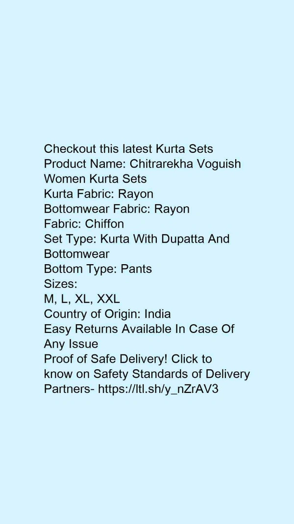 Product Name: *Jivika Refined Women Kurta Sets*Kurta Fabric: RayonBottomwear Fabric: RayonFabric: ChiffonSet Type: Kurta With Dupatta And BottomwearBottom Type: Pants - size- L