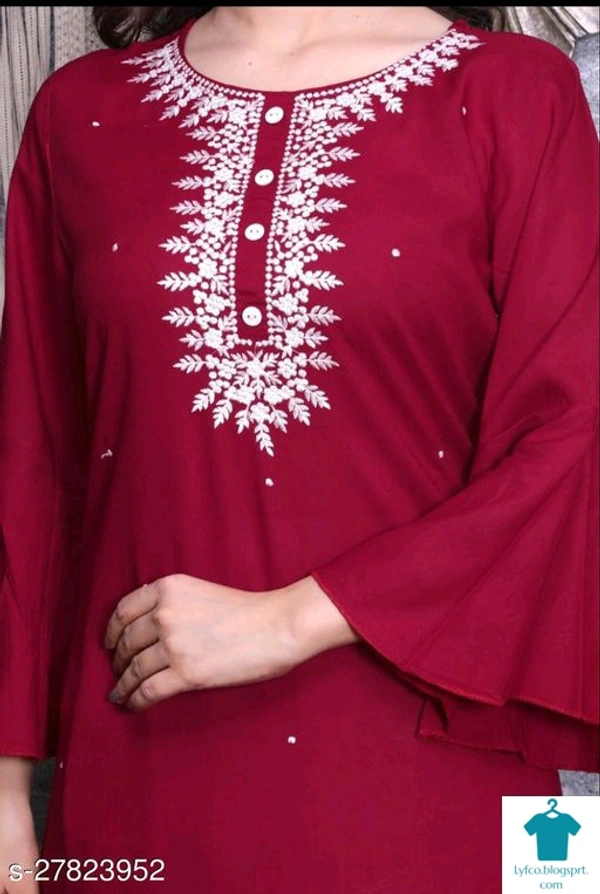 Product Name: *Trendy Drishya Women Kurta Sets*Kurta Fabric: RayonBottomwear Fabric: RayonFabric: No DupattaSleeve Length: Long SleevesSet Type: Kurta With BottomwearBottom Type: PalazzosPattern: EmbroideredMultipack: Single - size- M