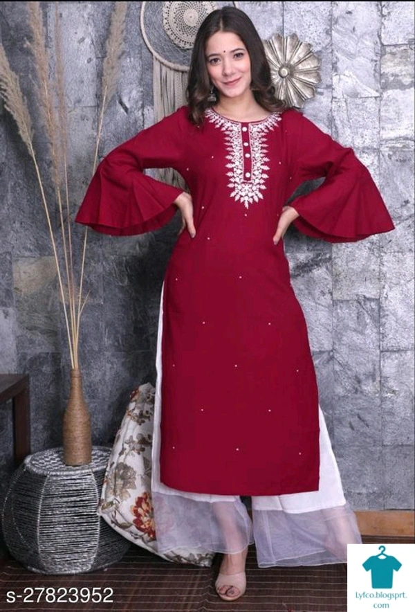 Product Name: *Trendy Drishya Women Kurta Sets*Kurta Fabric: RayonBottomwear Fabric: RayonFabric: No DupattaSleeve Length: Long SleevesSet Type: Kurta With BottomwearBottom Type: PalazzosPattern: EmbroideredMultipack: Single - size- L