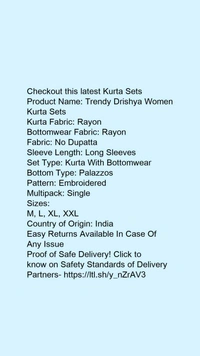 Product Name: *Trendy Drishya Women Kurta Sets*Kurta Fabric: RayonBottomwear Fabric: RayonFabric: No DupattaSleeve Length: Long SleevesSet Type: Kurta With BottomwearBottom Type: PalazzosPattern: EmbroideredMultipack: Single - size- L