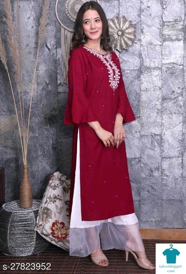 Product Name: *Trendy Drishya Women Kurta Sets*Kurta Fabric: RayonBottomwear Fabric: RayonFabric: No DupattaSleeve Length: Long SleevesSet Type: Kurta With BottomwearBottom Type: PalazzosPattern: EmbroideredMultipack: Single - size- XXL